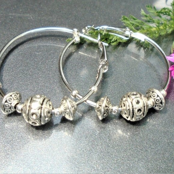 Pretty Large Hoops earrings Tibet Antique Silver oxidized Bali beads Handmade - Picture 1 of 5